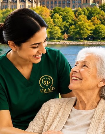 A UR Aid caregiver holding hands and smiling with a senior woman